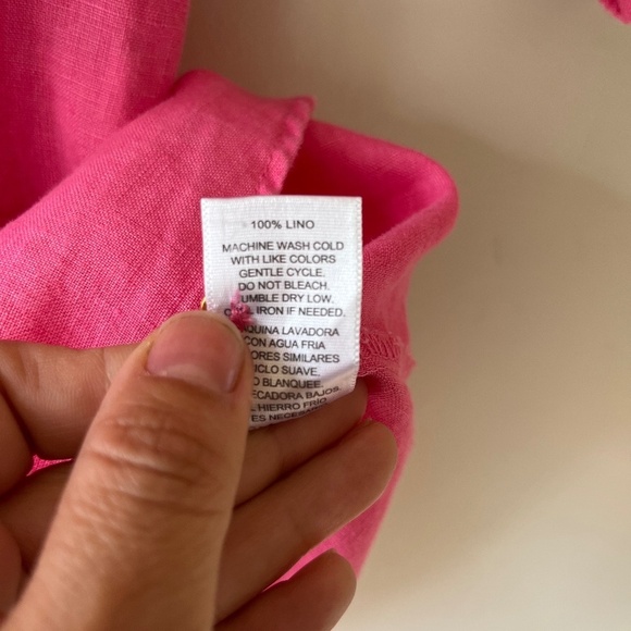 ELLEN TRACY Roll Tab Sleeve Linen Tunic Hot Pink V Neck Blouse Pockets Size M - Picture 7 of 9